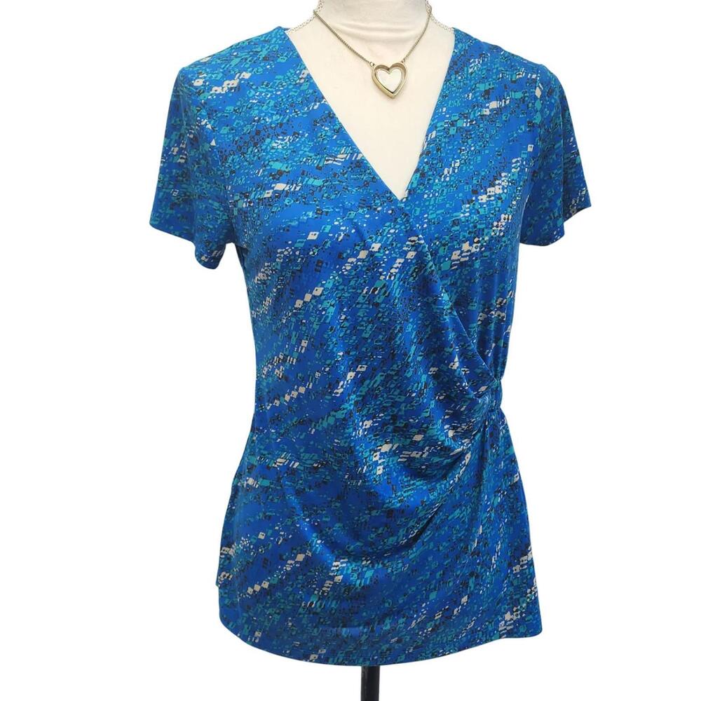 Anne Klein Blue Abstract V-Neck Short Sleeve Top
